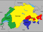 Switzerland and surrounding countries, with languages shown