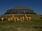 Korean university students perform a lion dance.