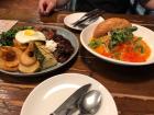 My friend and I ordered pasta and steak.