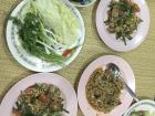 Bamboo shoot soup, red ant and egg, spicy chicken and cucumber with lettuce