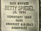 "Here lived Betty Spiegel, born in 1886. Deported in 1940 at Gurs. Murdered on September 9, 1942, at Auschwitz." Frau Spiegel lived in an apartment with her husband and two children. Their daughter, Margot, escaped to the USA. The family was Jewish