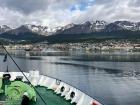 A ship pulling into port at Ushuaia, the southernmost city in the Americas