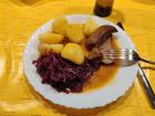 This is what I think of when I heard the words, "German food: "Meat, potatoes, and red cabbage with a generous dose of sauce 