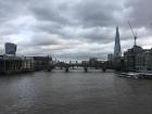 A picture of Central London on the River Thames; the pointy building is called the Shard, and you can see a couple of London's most famous bridges
