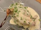 Chicken supreme with roast chicken, champ or herbed potatoes, roasted mushrooms and a tarragon gravy