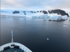 The Ocean Endeavor overlooking large icebergs
