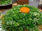 This okonomiyaki in Hiroshima is covered in bonito flakes, if only you could see them under all of those green onions!