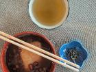 Ōshiruko, a sweet red bean soup, with a block of chewy mochi