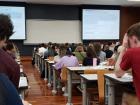 Listening to a presentation about registering for classes for international students at Waseda University