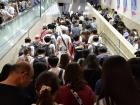 Climbing the stairs to get to the boarding platform to catch the train home after watching the fireworks event