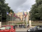 The United Nations headquarters in Switzerland with flags of all participating countries