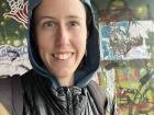 A selfie of me at a bus stop in Bariloche, Argentina; Many of the bus stops here are painted with murals and graffiti