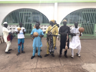 A group of musicians play drums and string instruments to mark the beginning of Eid