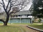 A back view of the Social Sciences building and its library