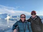 Outreach officers Beth Doyle (r) and Michelle Pratt (l) in front of icebergs floating in Disko Bay, Greenland