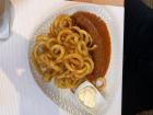 Currywurst with Pommes, of course served with mayonnaise for the fries rather than ketchup!