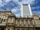 The historic national post office; the highrise behind it is the headquarters for a regional bank