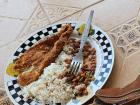 A normal Panamanian meal, fried fish with beans and rice