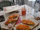 A typical Spanish breakfast at a cafe! The tostadas (one sided sandwiches on toasted bread) were $4 a pair, and the healthy fruit smoothie was about $3. The tostadas tomatoes, avocados, and fresh salmon topped with salt and olive oil. Very delicious!
