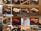 An array of sushi--with the sushi chef in the middle!