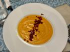 Salmorejo, a cold tomato soup, with a topping of Spanish ham