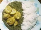 Isombe with plantains and rice