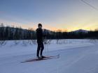 Cross-country skiing at sunset