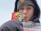 Eating a candy bar on a super cold day