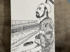 A drawing of a weaver at the loom