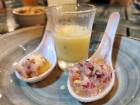 From left to right: mini causa, leche de tigre, and ceviche