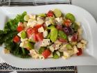 Soltero de queso, a traditional salad from Arequipa, Peru, made of cheese, lima beans, onions, tomato, choclo (giant corn), olives, and of course potatoes and lime juice.