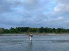 A man carries lumber over a nearby river