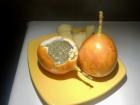 Granadilla, one of the traditional fruits of Ecuador. It has a slimy texture, but a sweet flavor.