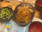 "Yakisoba" (the green vegetable is edamame--aka: soybeans)