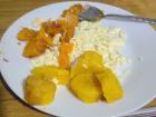 Jhostin's favorite breakfast. Cheese, fried plantains, and sweet potato