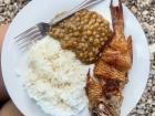 Fried fish with white rice; sometimes in coastal regions, fish is more common than meat for lunch