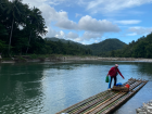 This bamboo raft is what people use to travel along and across rivers in mountain towns