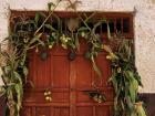 The door decorated with local foods and plants