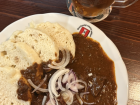 Traditional Czech meal of goulash and a pint of beer