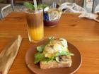 Eggs benedict and orange coffee