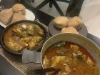 Traditional Ghanaian food with my uncle and friends: Okro Stew with Kenkey