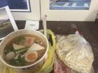 Noodles with fish balls for dinner--we use bags for takeout in Taiwan