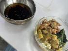 School lunch consists of rice, meat, vegetables and a soup: today, we got sweet syrup and tapioca!