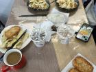 Flying fish "danbing" and hash browns