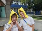 Wearing protective banana hats for our school earthquake drill