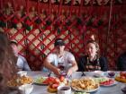 A traditional dastorkon in a yurt! Traditional dastorkons always include boorsok and kaymak