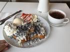French toast with whipped cream, Oreos, vanilla gelato and hot chocolate