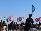 Waving Mongolian flags during the festival's opening ceremony