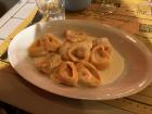 This is creamy pumpkin "tortellini", a common dish in Bologna.