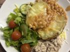 Jacket potato with tuna salad and garden salad, served at the rugby clubhouse after a big win!